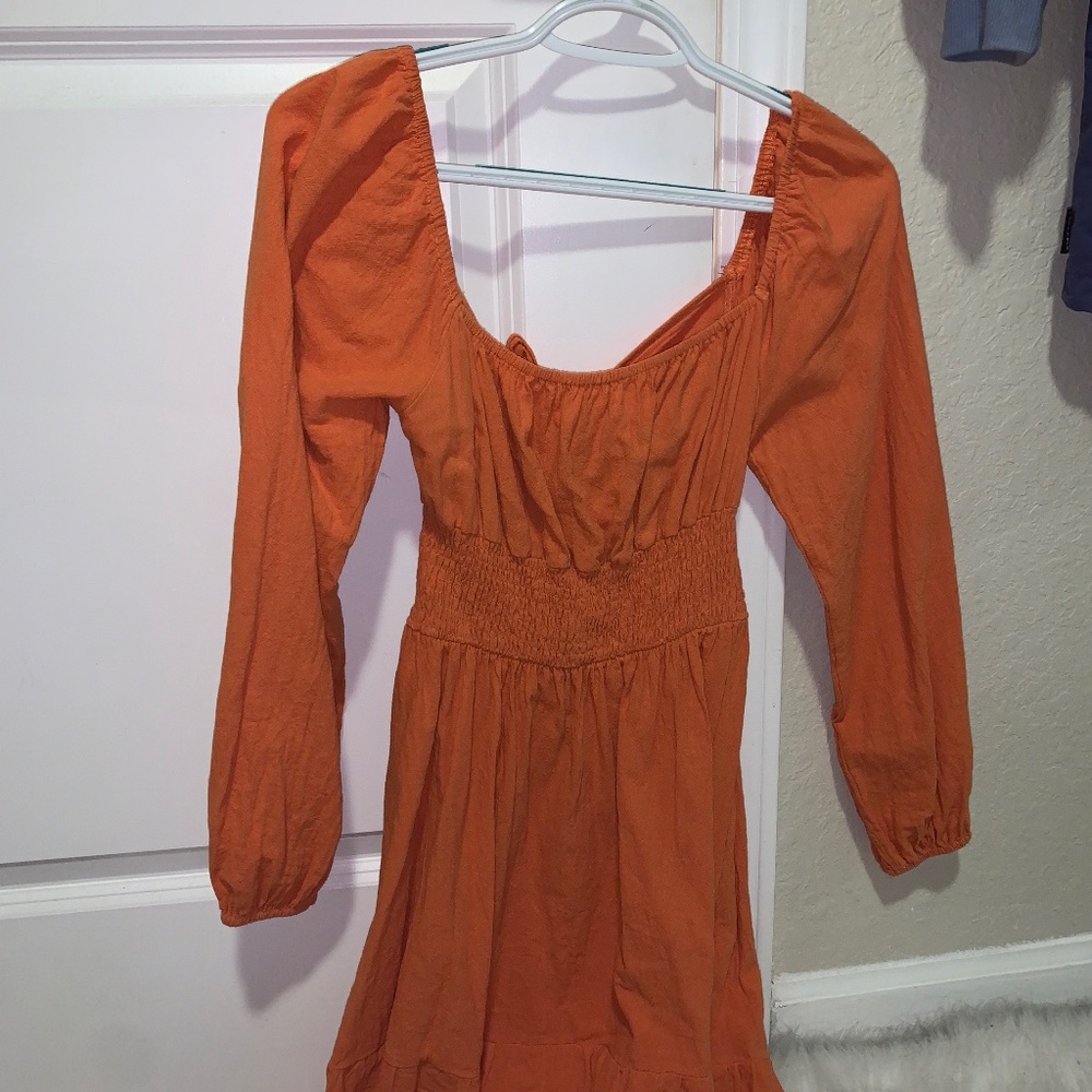 Orange Long-sleeve Short Dress